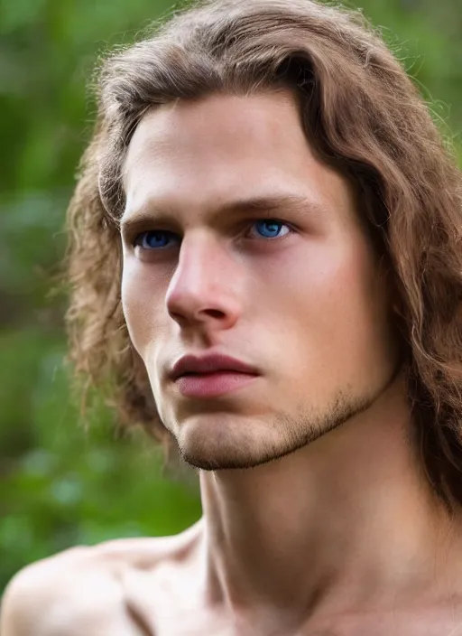 Prompt: a very skinny young Tarzan close-up portrait of young white male, with long straight slicked back brown hair shoulder length