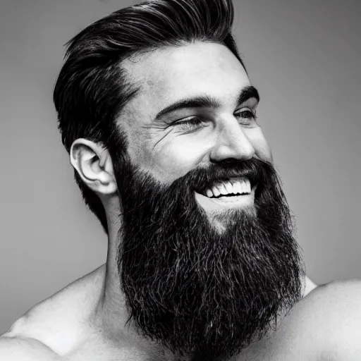 Image similar to lack and white photography of a very muscular man smiling with a chiseled jawline and trimmed beard