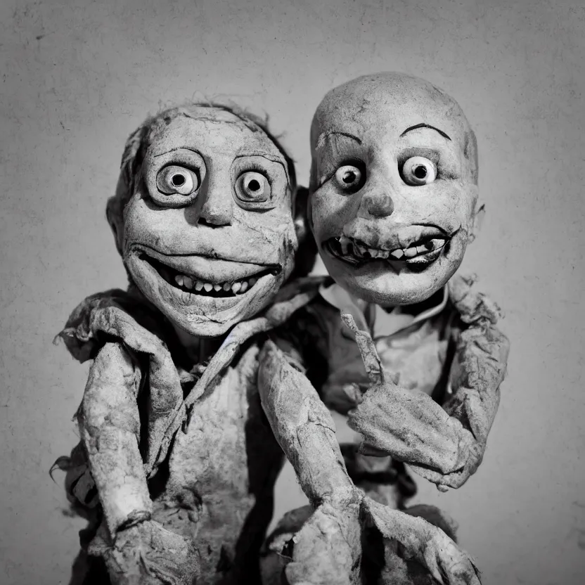 Image similar to creepy ventriloquist dummy in the style of roger ballen, 4 k, bw, portrait