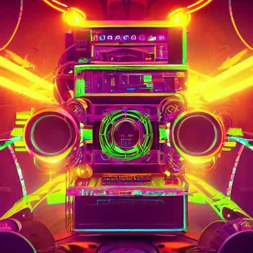 Image similar to cover art, album is called tripmachine, tripmachine, photo of a huge futuristic steampunk machinery made of boomboxes, connected with glowing tubes 8 k, fluorescent colors, halluzinogenic, multicolored, exaggerated detailed, front shot, 3 d render, octane