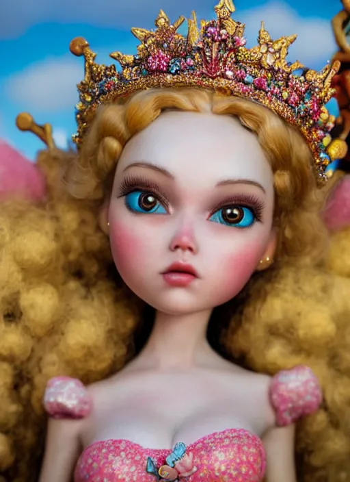 Image similar to highly detailed closeup, face profile portrait of a tin toy fairytale princess wearing a crown eating cakes, bikini, unreal engine, nicoletta ceccoli, mark ryden, earl norem, lostfish, global illumination, detailed and intricate environment