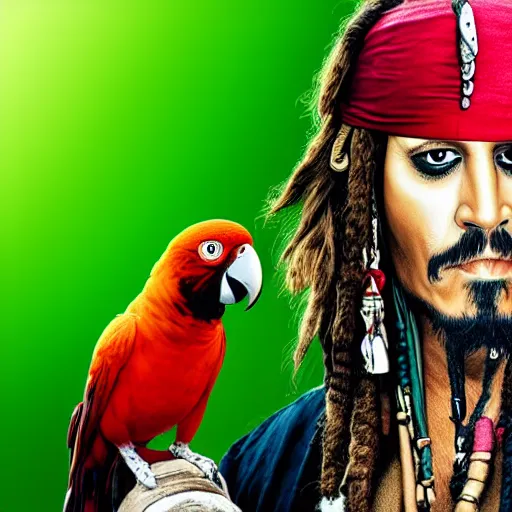 Image similar to jack sparrow with a parrot on the shoulder, realistic portrait, 8k resolution, hyper detailed, studio lighting, cinematic, sharp