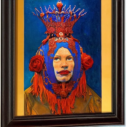 Image similar to the crown of madness, by Annie Swynnerton and Nicholas Roerich and Diego Rivera, bioluminescent skin, elaborate costume, geometric ornament, symbolist, rich color, dramatic cinematic lighting, smooth, sharp focus, extremely detailed