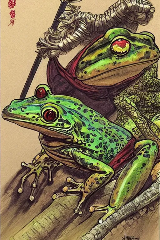 Image similar to Frog Samurai. concept art by James Gurney and Mœbius.