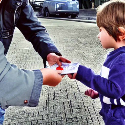 Image similar to a child exchanging a ticket for a coin from an adult, photorealistic