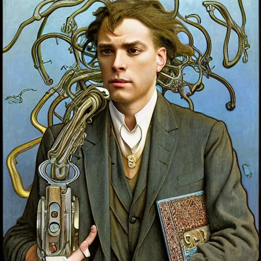 Prompt: realistic extremely detailed portrait painting of. an average. man with his. briefcase .in his. left hand . by Jean Delville, Amano, Yves Tanguy, Alphonse Mucha, Ernst Haeckel, Edward Robert Hughes, Roger Dean, pale muted pastel moody colors, gold eyes