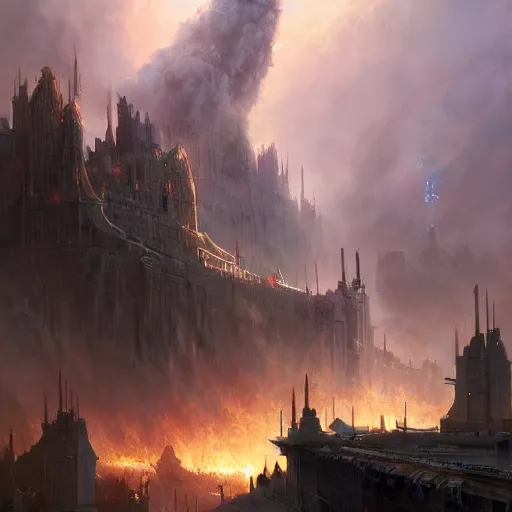 Image similar to ! dream big bright city of minas tirith under the attack, drone shot, fire and smoke, war, 8 k concept art, digital painting, realistic, cinematic lighting, raymond swanland, peter mohrbacher