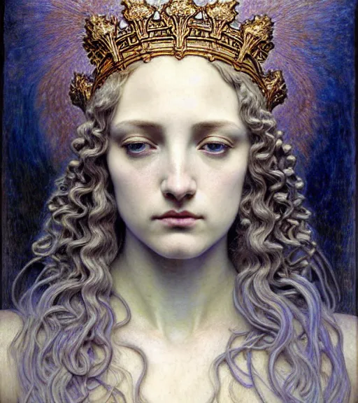 Image similar to detailed realistic beautiful young medieval queen of jupiter face portrait by jean delville, gustave dore and marco mazzoni, art nouveau, symbolist, visionary, gothic, pre - raphaelite. horizontal symmetry by zdzisław beksinski, iris van herpen, raymond swanland and alphonse mucha. highly detailed, hyper - real, beautiful