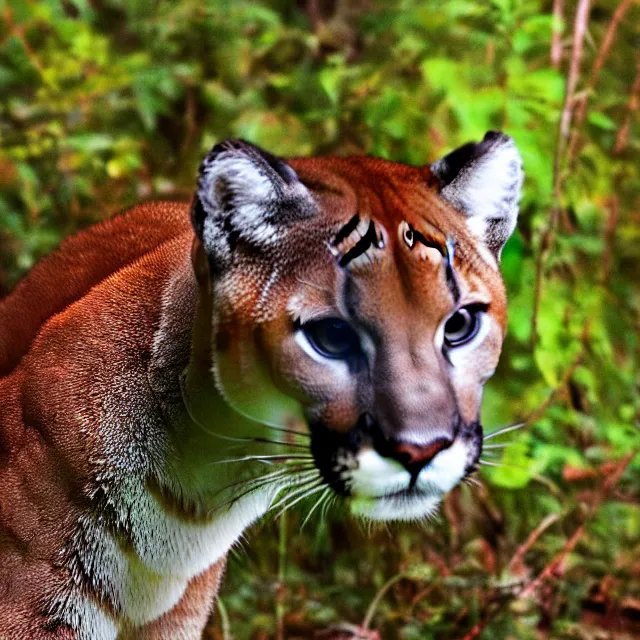 Prompt: cougar in forest at night, night vision goggles, shot from ground up, grainy