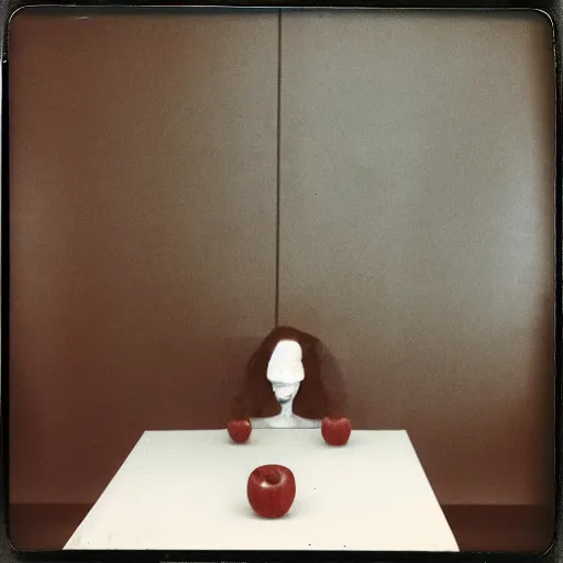 Image similar to vogue crime scene photos of apple sitting on mirrored table in government facility by annie liebovitz, fritz lang, and beksinski, cursed polaroid, 3 5 mm