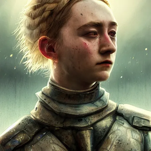 Prompt: saoirse ronan portrait, dystopia core, apocalyptic, armor, warrior, dramatic, sharp focus, fiction, neon, fantasy, hyper detailed, digital art, trending in artstation, cinematic lighting, studio quality, smooth render, unreal engine 5 rendered, octane rendered, art style and nixeu and wlop and krenz cushart