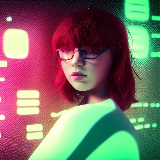 Image similar to a girl made out of computer readouts of code and graphics. cinematic, hyper realism, octane render, 8 k, depth of field, bokeh.