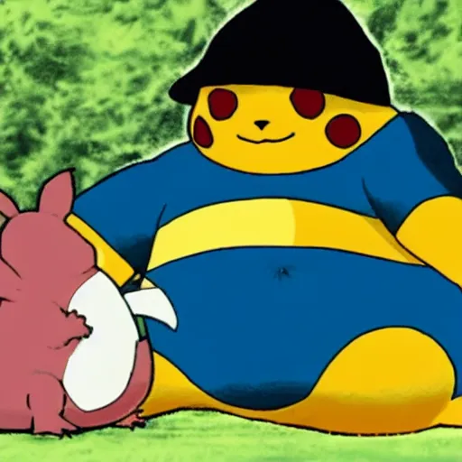 Image similar to snorlax killing pickachu with a knife