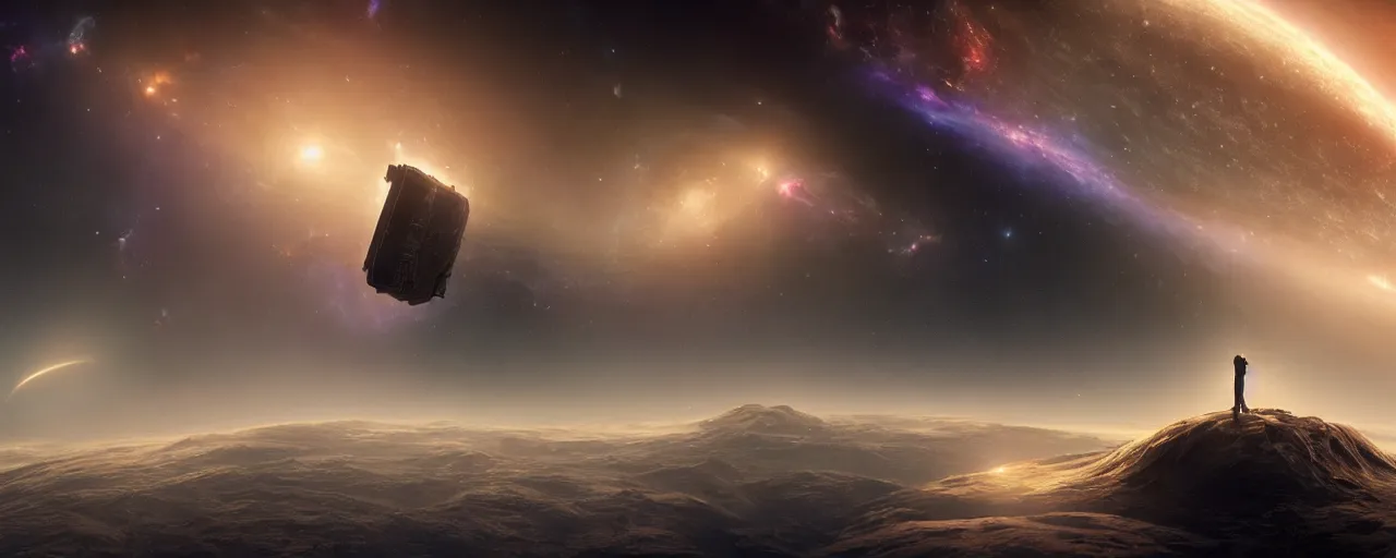 Image similar to movie still, thin galactic horizon, a dark epic galaxy, space scene, dark scifi, unreal engine, octane render, detailed and intricate, global illumination, volumetric lighting, hubble telescope images, james webb telescope images, houdini fluid simulation, detailed and intricate environment