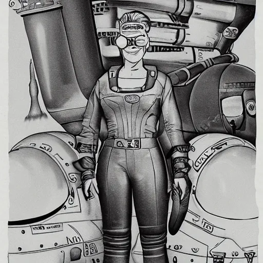 Prompt: detailed portrait of heroic square - jawed emotionless serious blonde butch woman starship engineer, tribal tattoos, with dark brass victorian goggles, handsome, short slicked - back hair, wearing ripped dirty flight suit, looking distracted, awkward, standing in front of small spacecraft, vintage sci fi, no outline, rough paper