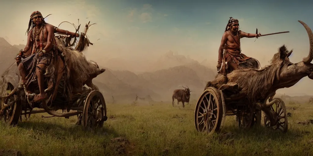 Prompt: photorealistic photo of an ancient indian tribesman on ancient atv with big wooden wheels, hunting panicked buffalo herd ,attacking, wild chase, action scene, an epic fantasy, dramatic lighting, cinematic, establishing shot, extremely high detail, photorealistic, cinematic lighting, artstation, octane render, by simon stalenhag, horizon forbidden west,old photo, high speed photography, vintage, extreme sports