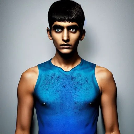 Prompt: a young beautiful slim athletic indian male has freckles color blue with an ombre effect, his eyes pupils are purple, his hair is colored blue silver ombre, photographed by erwin olaf