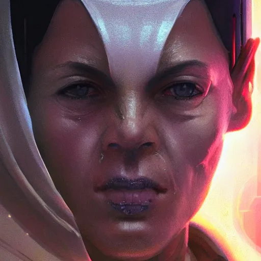 Image similar to a middle eastern starship crew member with cybernetic enhancements, close - up, sci fi character portrait by greg rutkowski, craig mullins