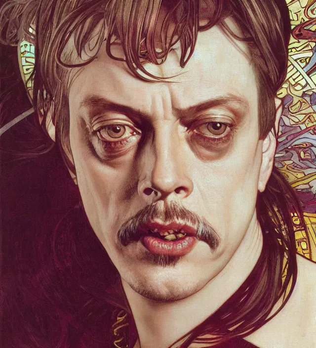 Prompt: detailed closeup portrait of steve buscemi by alphonse mucha, ayami kojima, yoshitaka amano