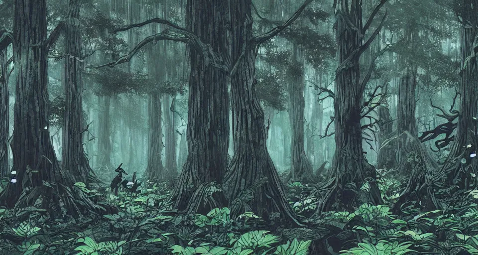 Image similar to A dense and dark enchanted forest with a swamp, by Hideaki anno