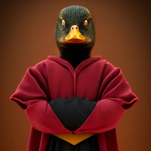 Image similar to portrait of cute mallard duck, wearing cultist red robe, standing at an altar, black feathers, glowing arcane eyes, very detailed black feathers, ultra detailed, cgi, photorealistic, unreal engine 5, nft portrait, 3 d, digital art, 8 k, octane render, trending on art station,