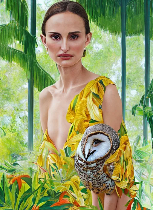 Image similar to Award winning head to shoulder portrait photograph of an elegant top model that looks like natalie portman wearing a yellow kimono with a very detailed barn owl on her shoulder!!! in a tropical greenhouse. looking at the camera!!. super resolution. Extremely detailed. art by Rineke Dijkstra.