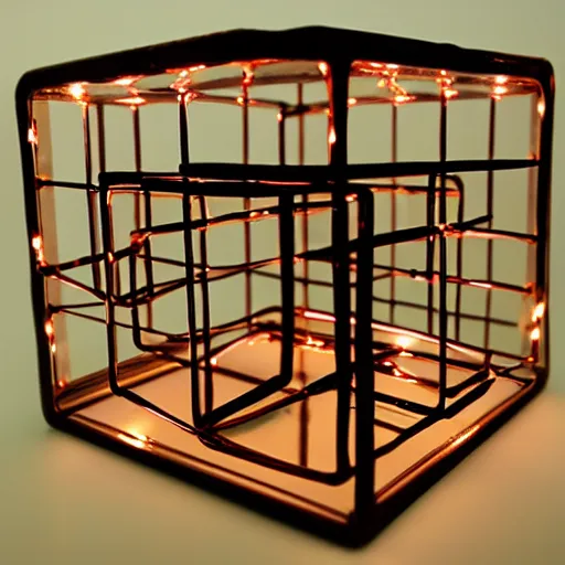 Prompt: a transparent cube containing copper rings and a grid of lights