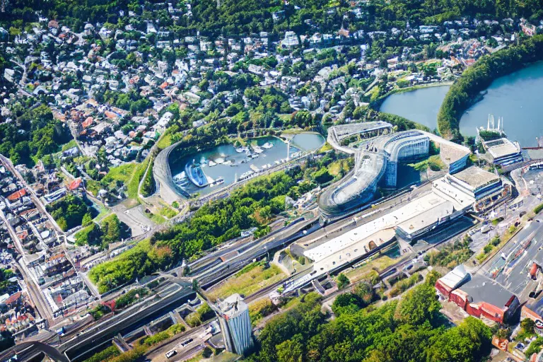 Image similar to bird's eye view photography of a small city. town hall, central farm, monorail station, beach and shipping dock. hills, woods and lake to the north.