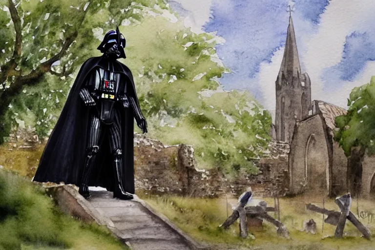 Image similar to a detailed watercolor painting of darth vader leaving a medieval church in a quaint english village, churchyard, trees