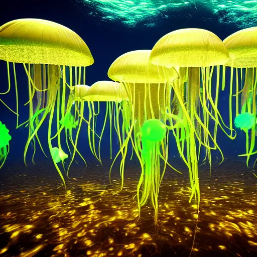 Prompt: underwater picture of a school of jellyfish, dark background, colorful bioluminescence green glow, abyssal, 3 d octane render, very detailed