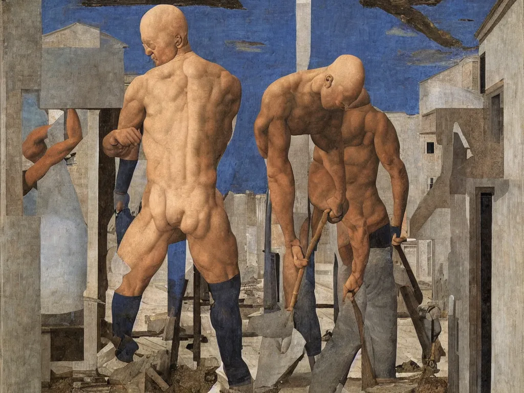 Image similar to The muscular worker renovating a house. Painting by Alex Colville, Piero della Francesca, Max Ernst.