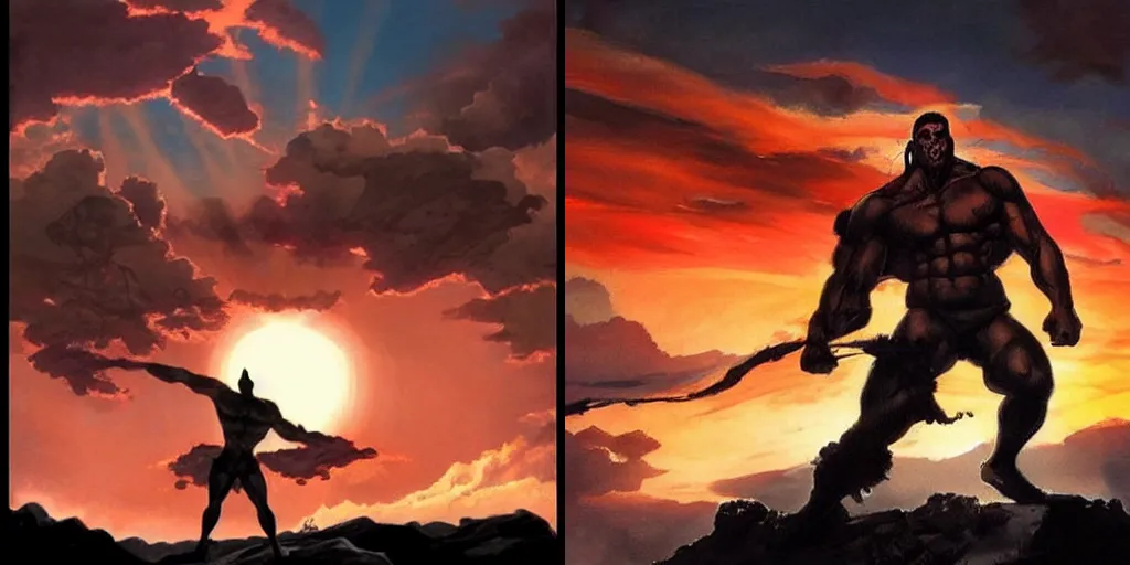 Prompt: dramatic sunset and dramatic sky , fromtlight lone muscular man in the middle looks at the sun , painting by frazetta, low angle perspective, postapocalyptic panorama.asthetics !