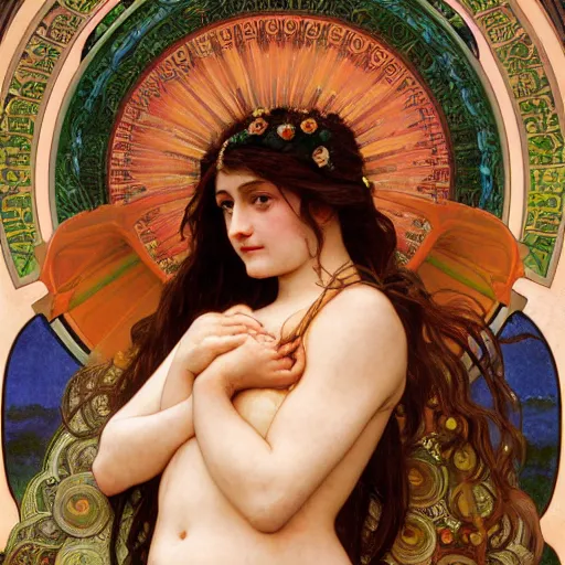 Image similar to detailed portrait art nouveau painting of Anna Cathcart as the goddess of the sun, with anxious, piercing eyes, by Alphonse Mucha, Michael Whelan, William Adolphe Bouguereau, John Williams Waterhouse, and Donato Giancola