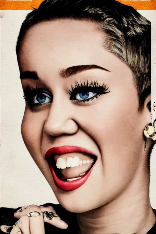 Image similar to propaganda poster, miley cyrus, close up, portrait, shouting