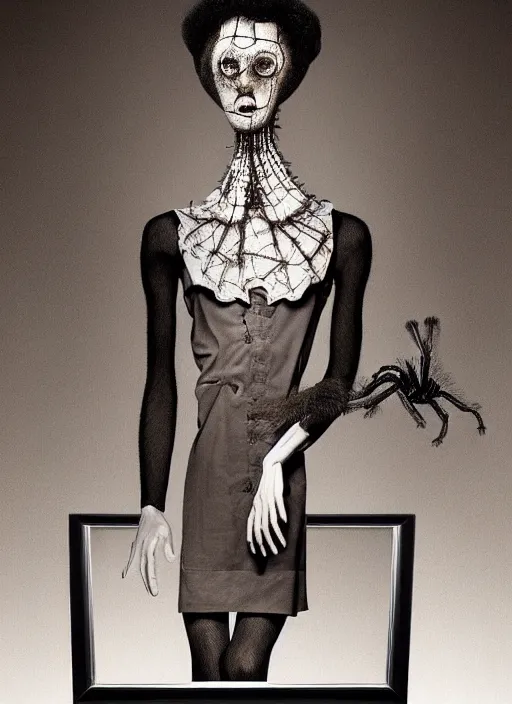 Image similar to surreal portrait of a creature with the body of a headless 1950's school-girl dress wearing mannequin and whose head is a giant big-eyed tarantula, inspired by Mark Ryden and Marion Peck, hints of Cronenberg and Hellraiser