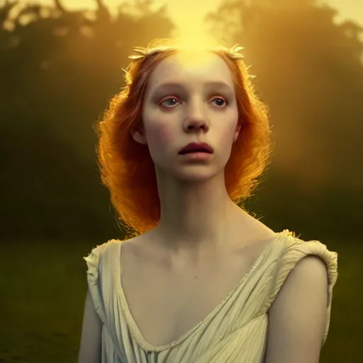 Image similar to photographic portrait of a stunningly beautiful english midsummer queen renaissance female in soft dreamy light at sunset, beside the river, soft focus, contemporary fashion shoot, in a denis villeneuve and tim burton movie, by edward robert hughes, annie leibovitz and steve mccurry, david lazar, jimmy nelsson, extremely detailed, breathtaking, hyperrealistic, perfect face, octane render