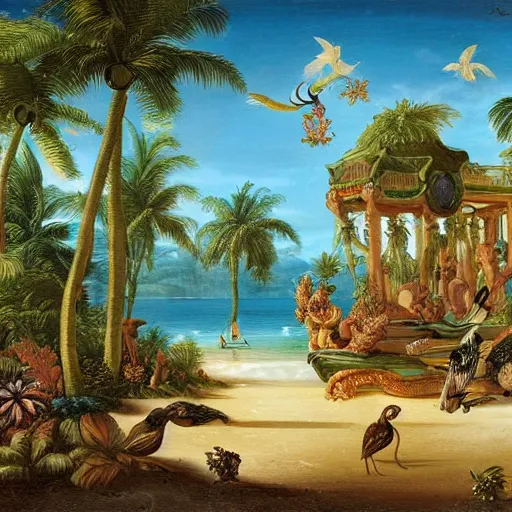 Image similar to tropical beach paradise, rococo art style, animals and birds, highly detailed