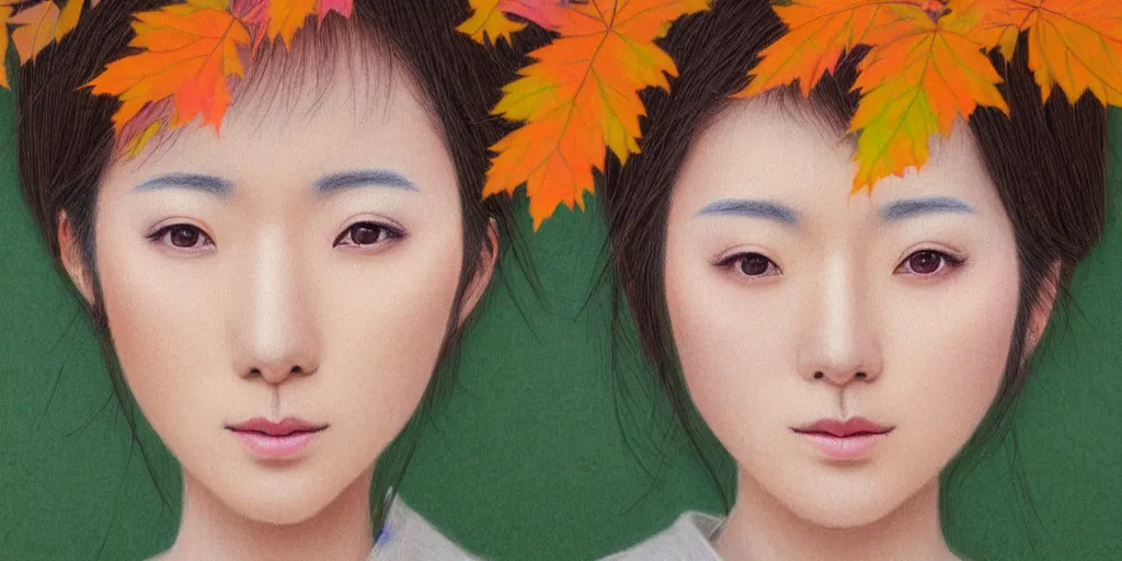 Image similar to detailed pastel colors portrait of a japanese woman made of autumn leaves, by artgerm, fine detail, 8 k