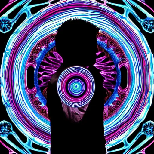 Image similar to silhouette of man, facing a bright blue evil spirit, psychedelic, 8K digital art, award winning