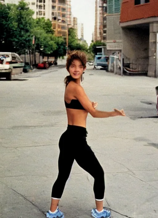 Image similar to 90's Photos, A beautiful woman is working out on the street.