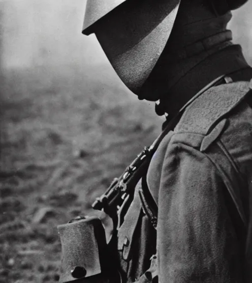 Prompt: a soldier wearing a scary mask in distance, ww1 film photo, grainy, high detail, high resolution