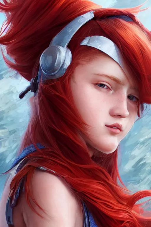 Image similar to ultra realistic style illustration of a beautiful cute red haired joyful and playful 1 9 year old teen girl ninja, full portrait, long hair, sci - fi, fantasy, intricate, elegant, digital painting, artstation, concept art, smooth, sharp focus, 8 k frostbite 3 engine, ultra detailed, art by artgerm and greg rutkowski and magali villeneuve