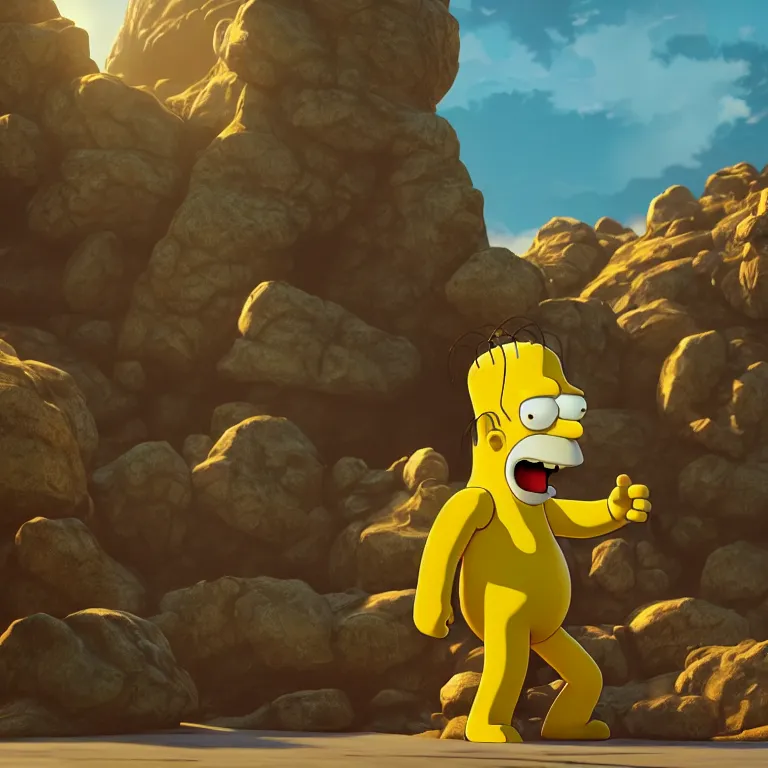 Prompt: a cinematic shot of homer simpson, octane render, volumetric lighting, nvidia raytracing demo, by Andy Thomas, Mario Martinez, Daniel Mirante, Gustave Dore, Artstation, CGsociety, masterpiece