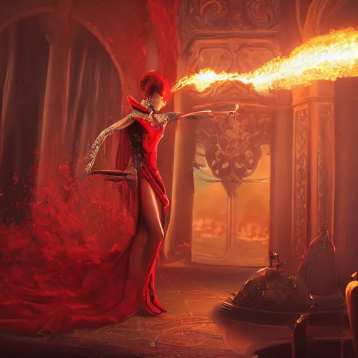 Prompt: a female magician with deep red dress and magic fire and flame circling around, intricately detailed, physically based rendering, realistic, in the style of WLOP, illustration, epic, fantasy, hyper detailed, smooth, unreal engine, sharp focus, ray tracing