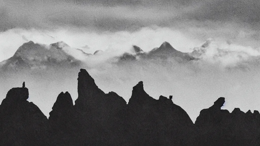Prompt: film still of the silhouette of four members of a rock band in the altiplanic plain with the illimani in the background, by andrei tarkovski, mysterious foggy atmosphere, orthochromatic look filter, cinematic photography, 3 5 mm, highly detailed, 4 k