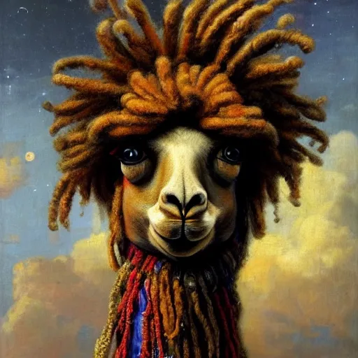 Image similar to detailed baroque portrait of a llama with dreadlocks, realistic creature concept, heroic pose, space nebula in background, Ilya Repin oil painting, by chriss foss, 4k, artstation