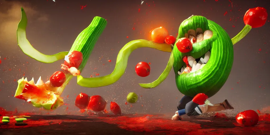 Image similar to detailed 3 d render of a furious zucchini character chasing down a frantic tomato, concept, high speed action, martial arts, explosions, bloody knife, dramatic scene, hyper realistic octane render, cinematic lighting, deviantart, pop - surrealism, lowbrow, frame from independent pixar movie