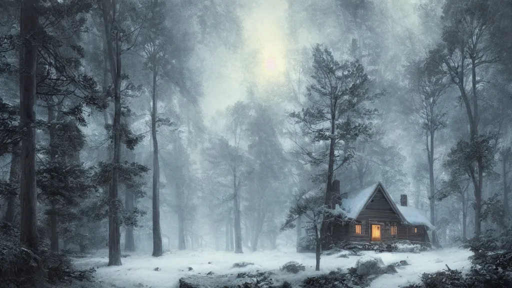 Image similar to [ a cabin in the woods. ] andreas achenbach, artgerm, mikko lagerstedt, zack snyder, tokujin yoshioka