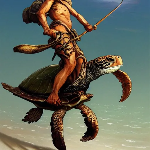 Prompt: man riding sea turtle with a spear, geog darrow greg rutkowski