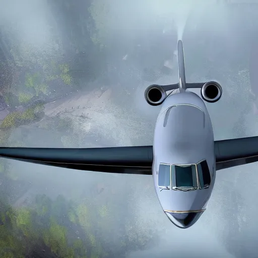 Prompt: movie frame of a vintage private jet parked on the tarmac on a misty, epic day, wet ground, neon lights, very wide angle shot, by ian mcque, by robert valley, cinematic composition, global illumination